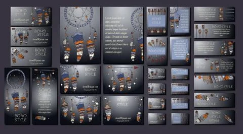 Vector set of abstract ethnic flyers with arrows, dreamcatcher, feather frame Stock Illustration