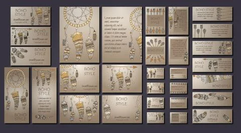 Vector set of abstract ethnic flyers with arrows, dreamcatcher, feather frame Stock Illustration