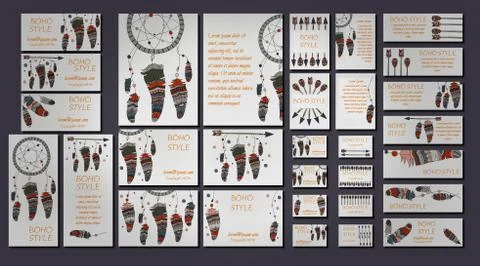 Vector set of abstract ethnic flyers with arrows, dreamcatcher, feather frame Stock Illustration