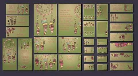 Vector set of abstract ethnic flyers with arrows, dreamcatcher, feather frame Stock Illustration