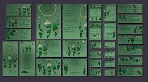 Vector set of abstract ethnic flyers with arrows, dreamcatcher, feather frame Stock Illustration