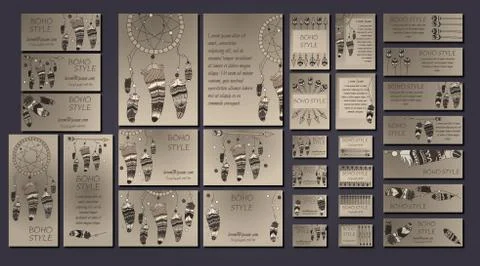 Vector set of abstract ethnic flyers with arrows, dreamcatcher, feather frame Stock Illustration