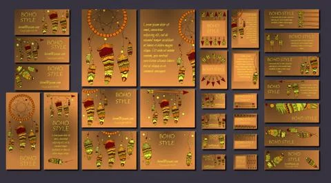 Vector set of abstract ethnic flyers with arrows, dreamcatcher, feather frame Stock-Illustration