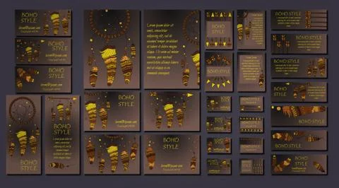 Vector set of abstract ethnic flyers with arrows, dreamcatcher, feather frame Stock Illustration