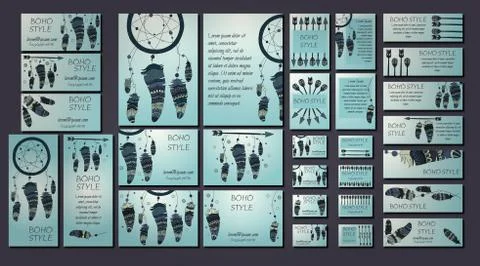 Vector set of abstract ethnic flyers with arrows, dreamcatcher, feather frame Stock Illustration