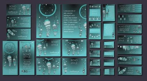 Vector set of abstract ethnic flyers with arrows, dreamcatcher, feather frame Stock Illustration