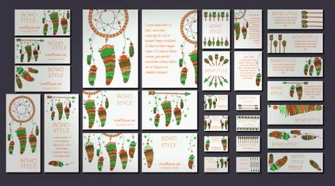 Vector set of abstract ethnic flyers with arrows, dreamcatcher, feather frame Stock Illustration