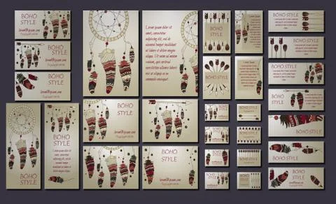 Vector set of abstract ethnic flyers with arrows, dreamcatcher, feather frame Stock Illustration
