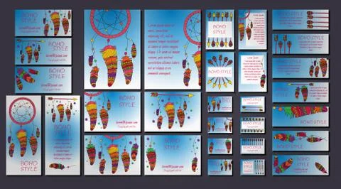 Vector set of abstract ethnic flyers with arrows, dreamcatcher, feather frame Stock Illustration