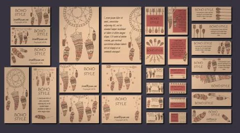 Vector set of abstract ethnic flyers with arrows, dreamcatcher, feather frame Stock Illustration