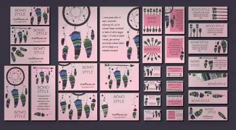 Vector set of abstract ethnic flyers with arrows, dreamcatcher, feather frame Stock Illustration