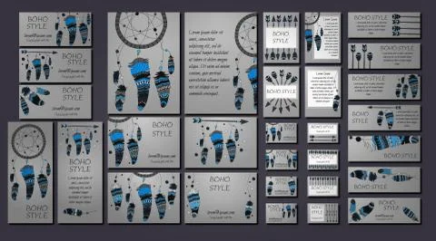 Vector set of abstract ethnic flyers with arrows, dreamcatcher, feather frame Stock-Illustration