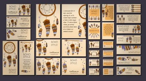 Vector set of abstract ethnic flyers with arrows, dreamcatcher, feather frame Stock Illustration