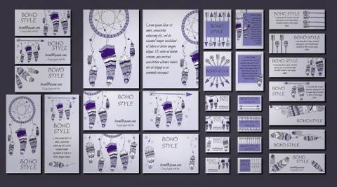 Vector set of abstract ethnic flyers with arrows, dreamcatcher, feather frame Stock-Illustration