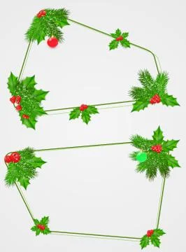 Vector set abstract frames of fir branches, holly with leaves and red berries Stock Illustration
