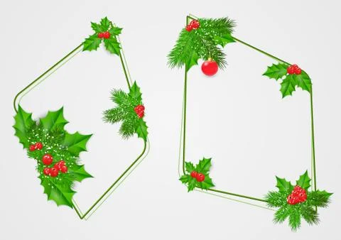 Vector set abstract frames of fir branches, holly with leaves and red berries Stock Illustration