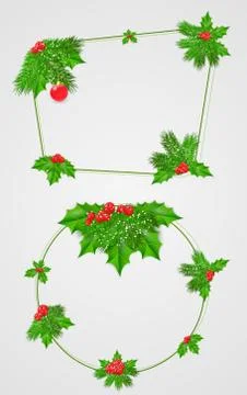 Vector set abstract frames of fir branches, holly with leaves and red berries 스톡 일러스트