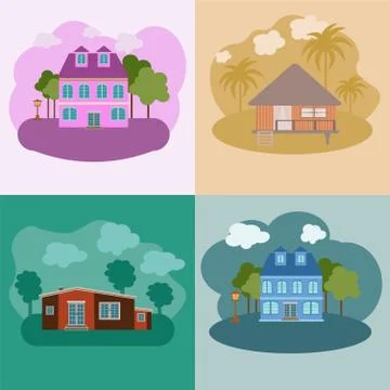Vector set abstract house building in courtyard Ilustración de archivo