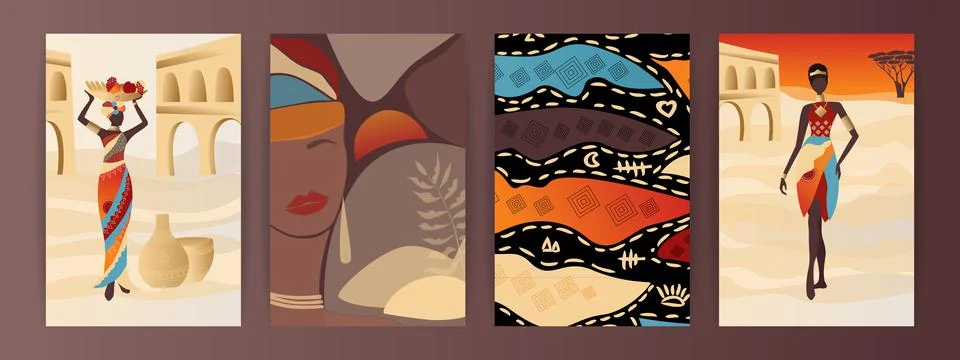 Vector Set of abstract posters with African woman in turban in minimalistic s Stock Illustration