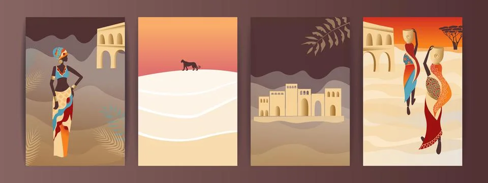 Vector Set of abstract posters with African woman in turban in minimalistic s Stock Illustration