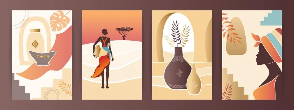 Vector Set of abstract posters with African woman in turban in minimalistic s Stock Illustration
