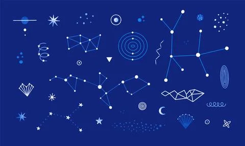Vector set of abstract space elements. Isolated constellations, stars, plan.. Stock Illustration