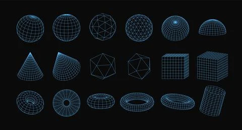 Vector set of abstract wireframe geometric shapes: sphere, cube, torus and ot Ilustração Stock