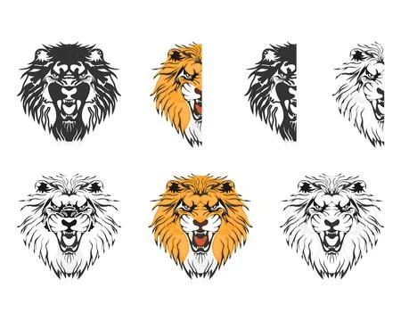 Vector set of aggressive roaring lion head mascots in color and black white. Stock Illustration