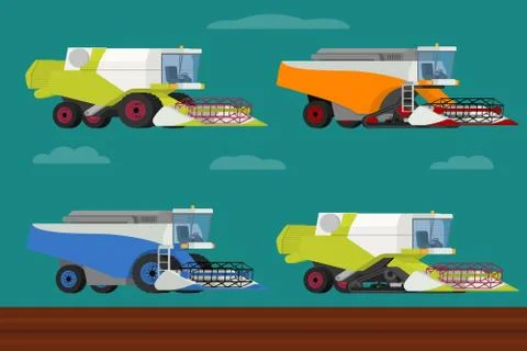 Vector set of agricultural modern combine harvesters collection. Illustrazione stock