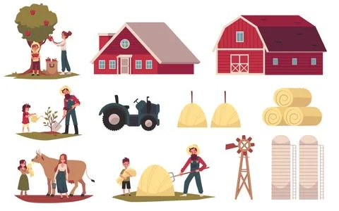 Vector set of agriculture infographic elements of farmer family at work. Stock Illustration
