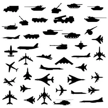 Vector set of aircraft, armored  and guns. Illustrazione stock
