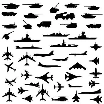 Vector set of aircraft, armored ships and guns. Stock Illustration