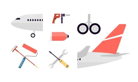 Vector set of airplane elements and tools for aircraft maintenance and repair Illustrazione stock