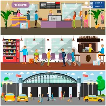 Vector set of airport and passengers concept design elements 스톡 일러스트