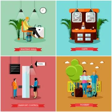 Vector set of airport concept design elements in flat style Stock Illustration