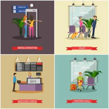 Vector set of airport concept design elements in flat style 스톡 일러스트