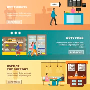 Vector set of airport concept horizontal banners in flat style Stock Illustration