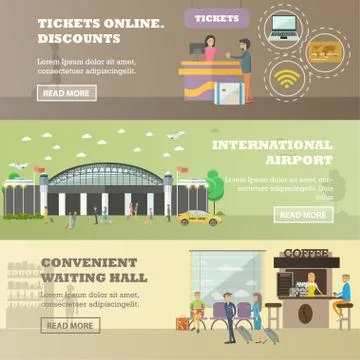 Vector set of airport concept horizontal banners in flat style 스톡 일러스트