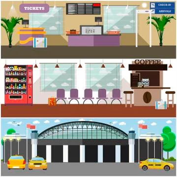 Vector set of airport interior concept design elements, flat style Illustrazione stock