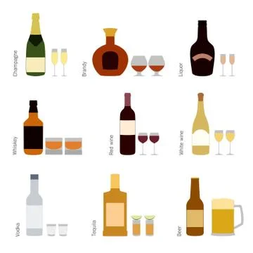 Vector set of alcohol bottles with glasses Stockillustratie