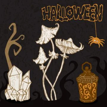 Vector set for all saints day with mushrooms, crystals, lantern and spider with Stock Illustration
