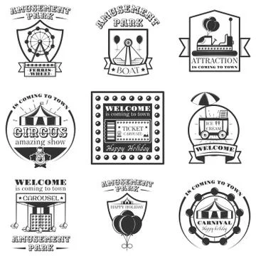Vector set of amuesment park labels and design elements in vintage style. Black イラスト素材