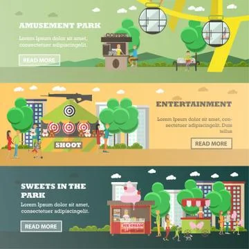 Vector set of amusement park concept horizontal banners, flat style Ilustração Stock