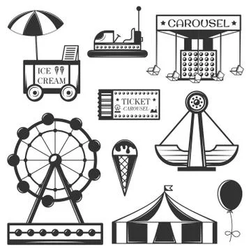 Vector set of amusement park isolated icons and objects. Attractions, carousel Ilustración de archivo