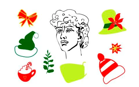 Vector set with the ancient Greek head of David with Christmas hats. Stock Illustration