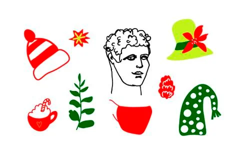 Vector set with ancient Greek Hermes head with Christmas hats. New Year's Stock Illustration