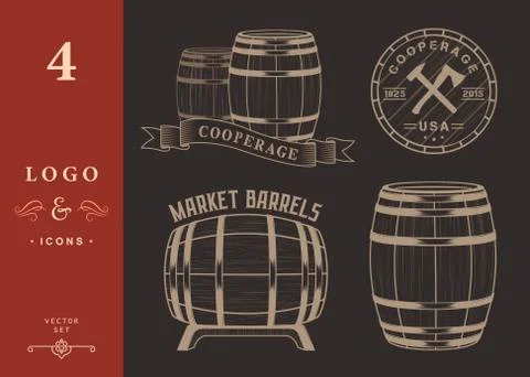 Vector set and logos cooperage workshops Stock Illustration