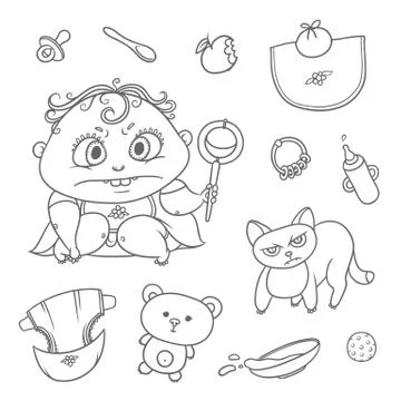 Vector set angry child and cat. Hygiene items, baby care and toys. Flat black Stock Illustration