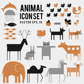 Vector set of animal, bird, fish icons. Cute illustrations isolated on a grey Stock Illustration