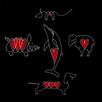 Vector set of animal icons decorated with hearts. Dolphin dog rat sheep pig Stock Illustration